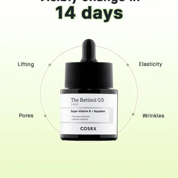 COSRX The Retinol 0.5 Oil 20 ML No purified water or retinol derivatives. Formulated using 0.5% stabilized, pure retinol for powerful anti-aging care. Best for skin accustomed to retinol but still experiencing progressive signs of aging such as loss of elasticity and dryness. For intermediate-level retinol users looking for a highly concentrated, youth booster.